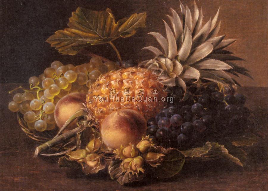 Grapes a Pineapple Peaches and Hazelnuts In A Basket - 约翰·劳伦茨·延森